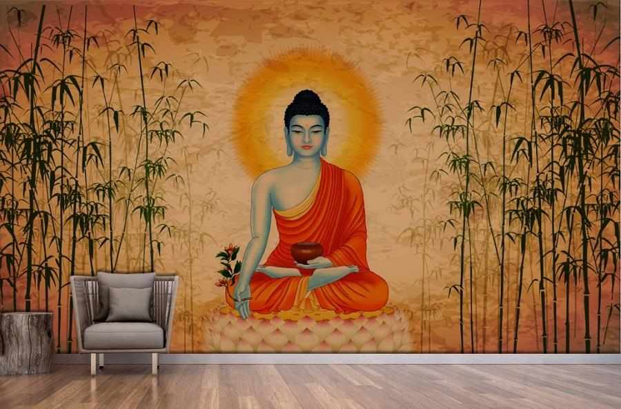 Buy meditating Buddha portrait wall mural in bamboo shoots